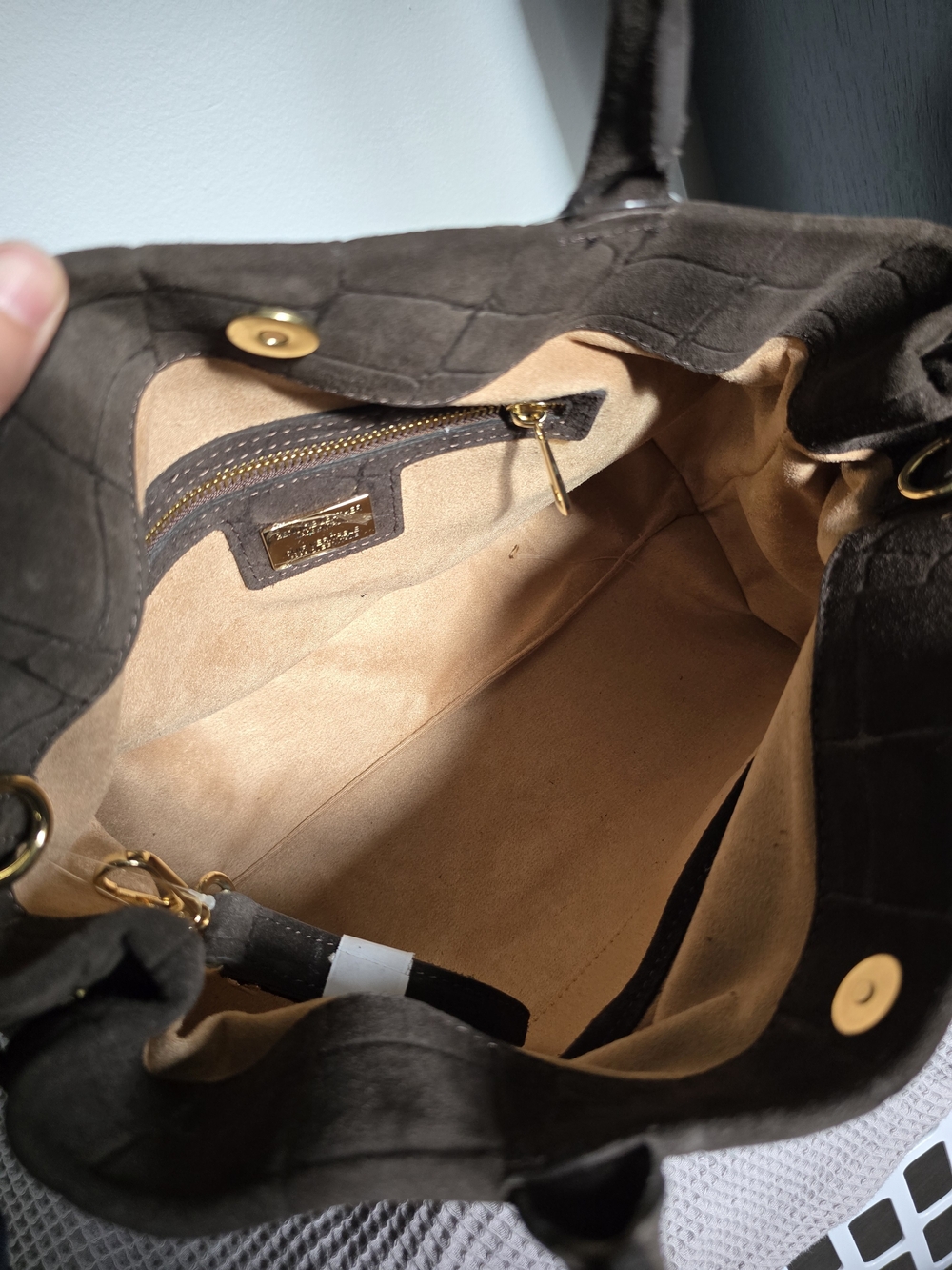 Genuine Leather Croc-Embossed Brown Suede Satchel with Top Handles - Picture 8 of 12